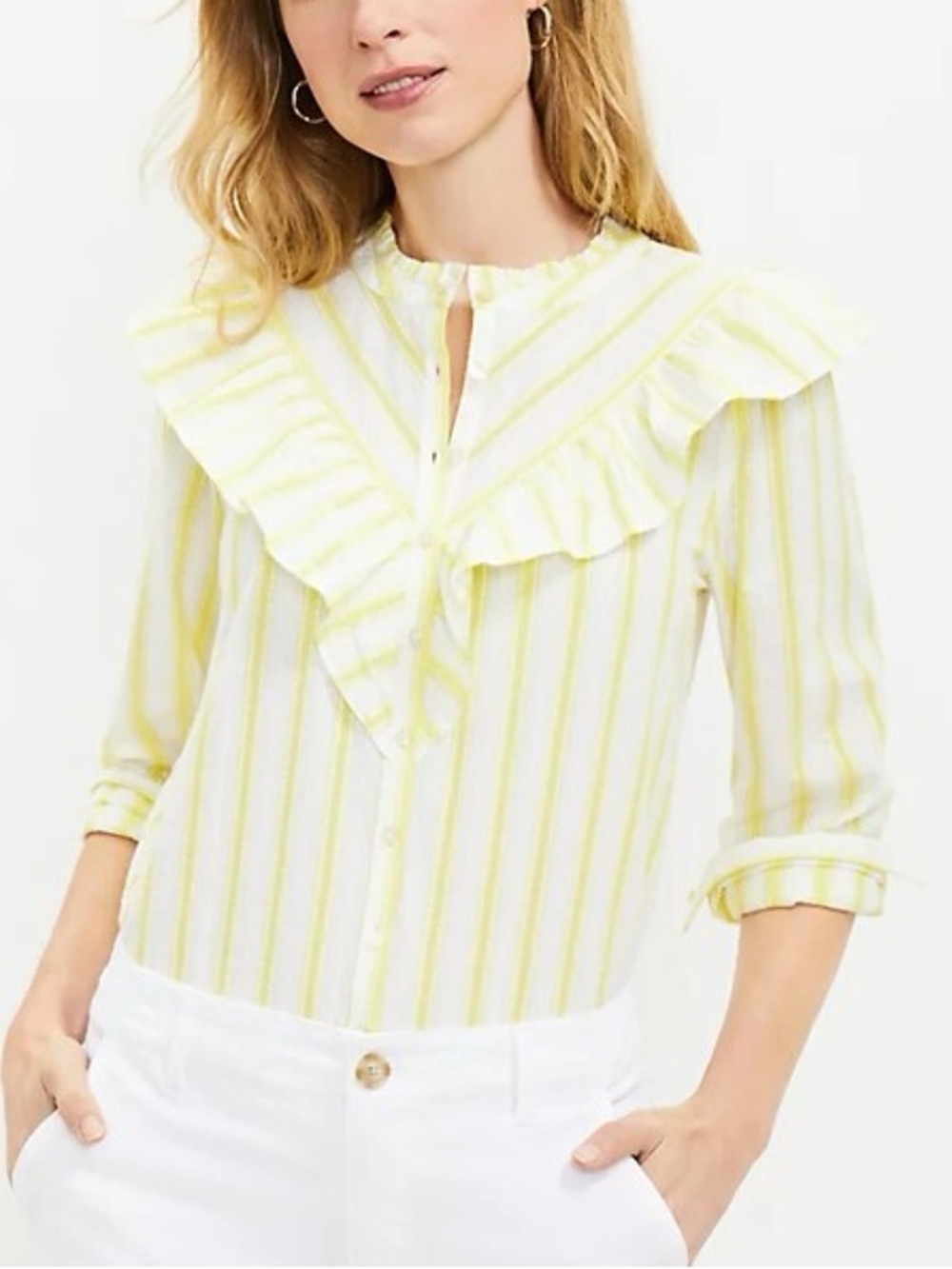LOFT Yellow-Striped Ruffle Western Collar Button-Down Spring Lightweight Top XS